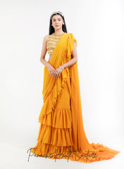 Mustard Yellow Color Ruffled Saree