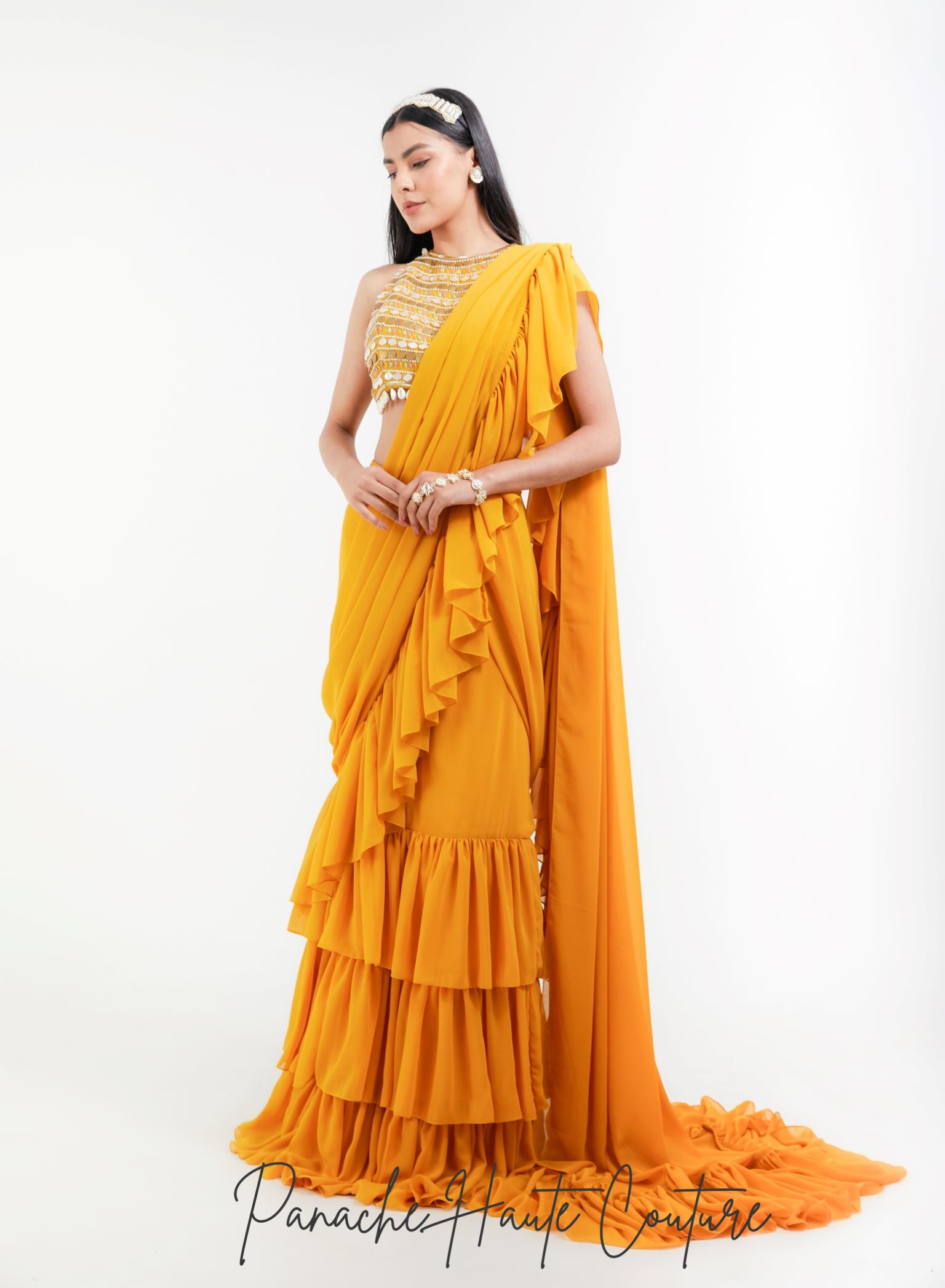 Mustard Yellow Color Ruffled Saree