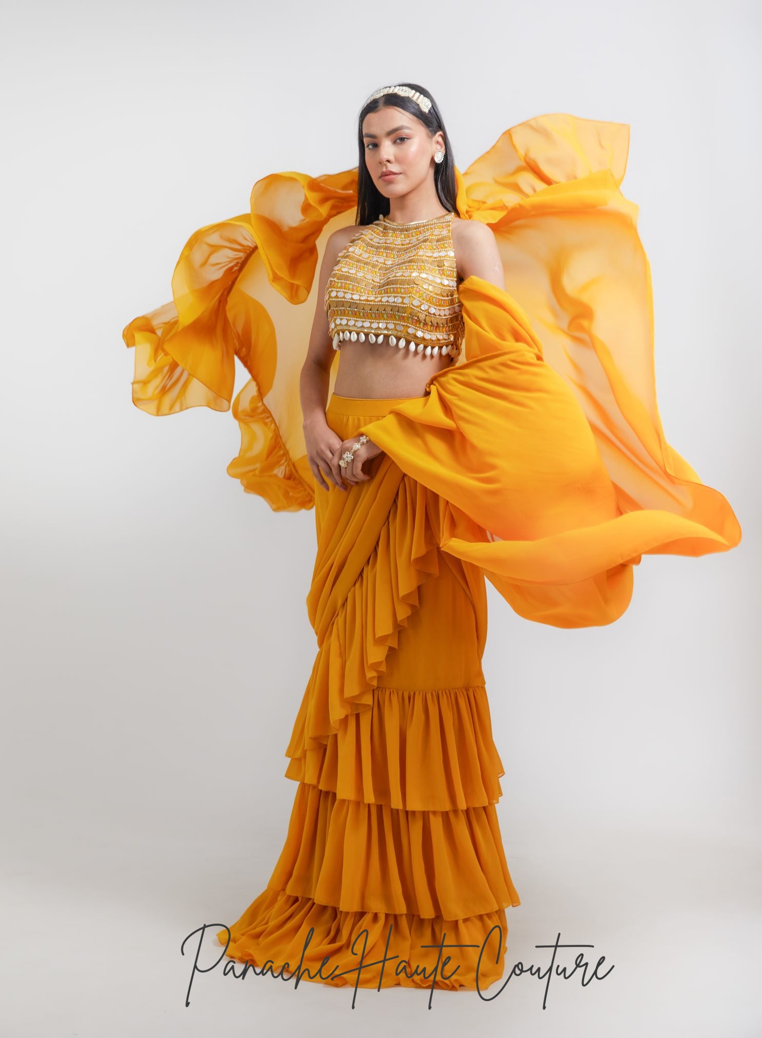 Mustard Yellow Color Ruffled Saree