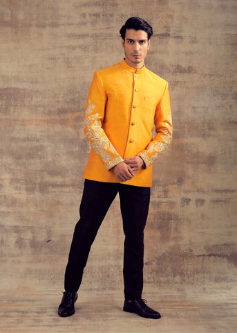 Mustard Yellow Jodhpuri Jacket With Embroidered Sleeves