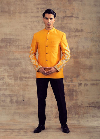 Mustard Yellow Jodhpuri Jacket With Embroidered Sleeves