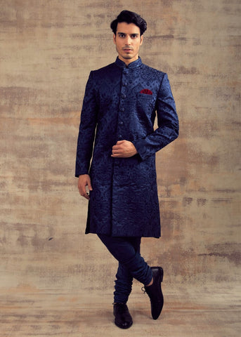 Navy Blue Color Monotone Thread Work Sherwani