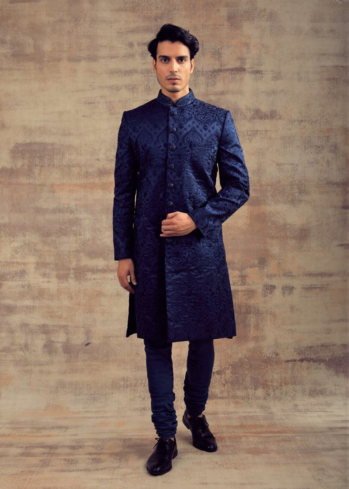 Navy Blue Color Monotone Thread Work Sherwani
