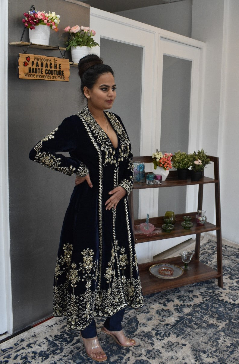 Navy Blue Velvet Salwar Kameez by Panache Haute Couture