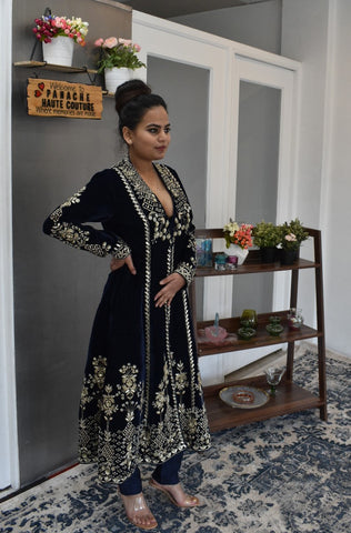 Navy Blue Velvet Salwar Kameez by Panache Haute Couture