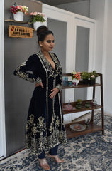 Navy Blue Velvet Salwar Kameez by Panache Haute Couture