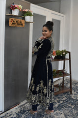 Navy Blue Velvet Salwar Kameez by Panache Haute Couture