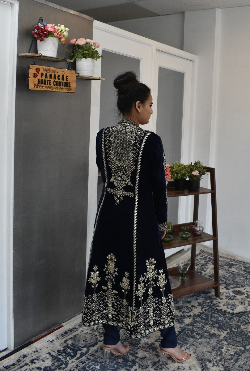 Navy Blue Velvet Salwar Kameez by Panache Haute Couture