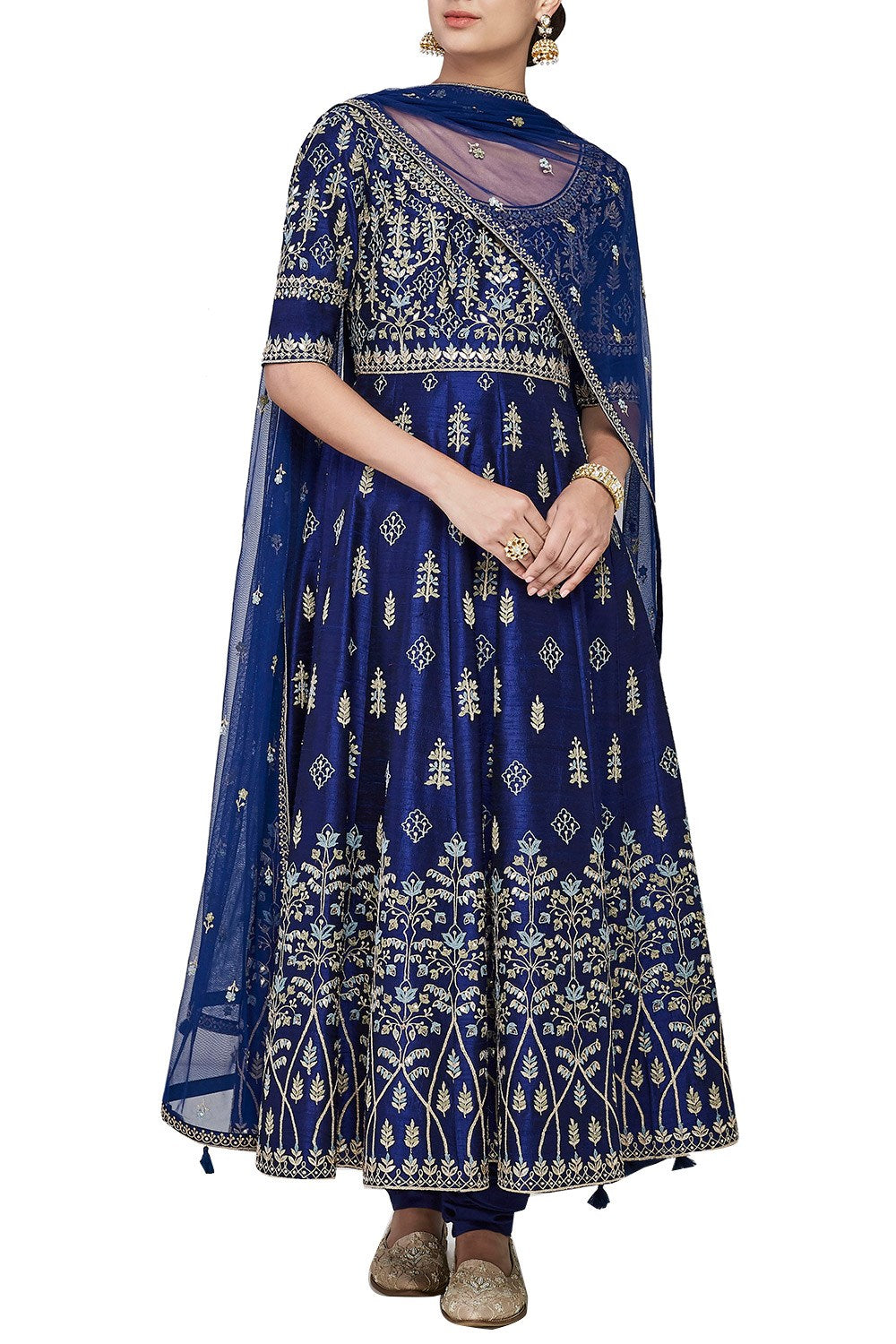 Navy Blue Color Anarkali in Dupion Silk