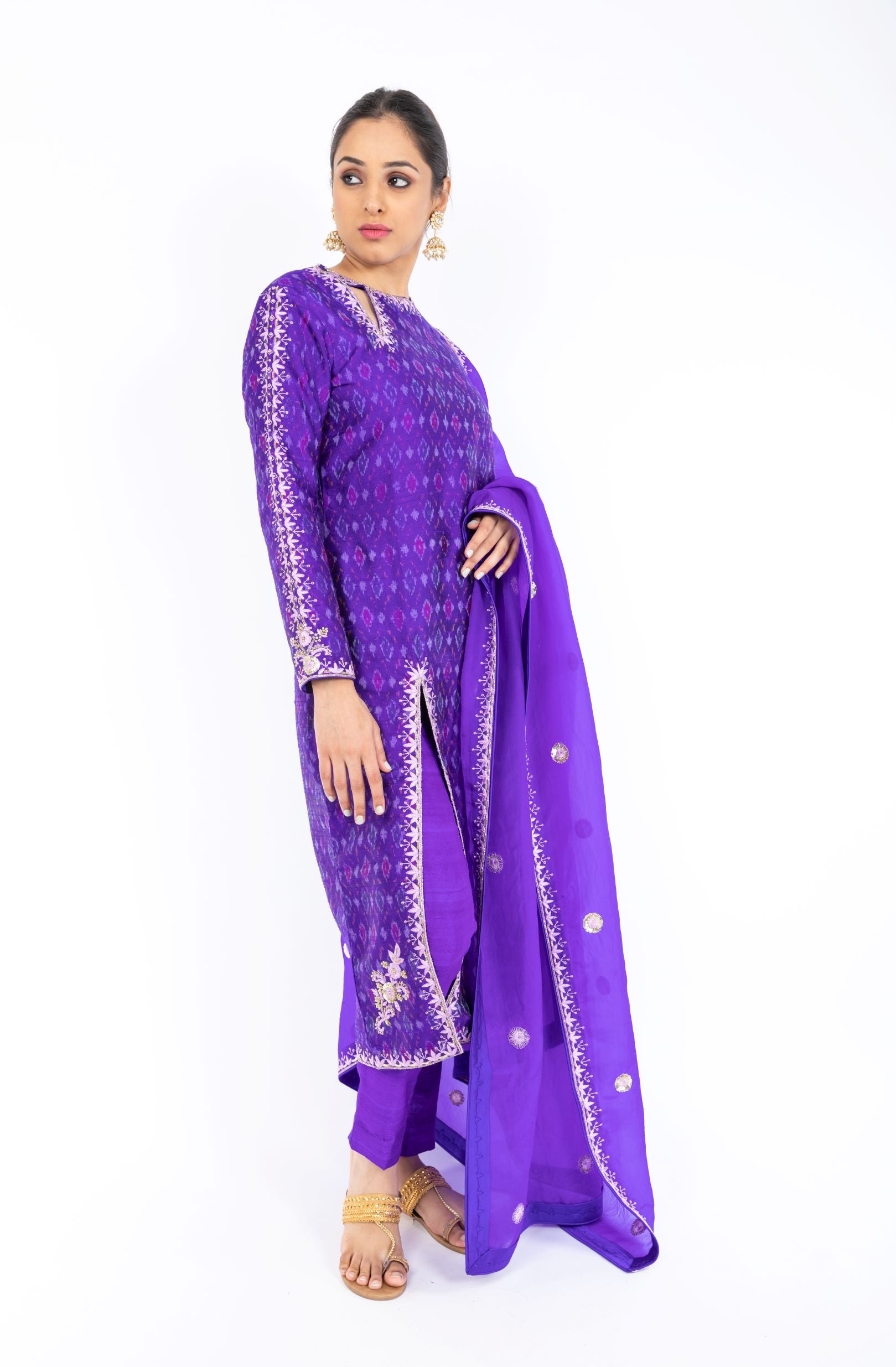 Opulent Pigment Violet Ikkat Raw Silk Handloom Salwar Kameez