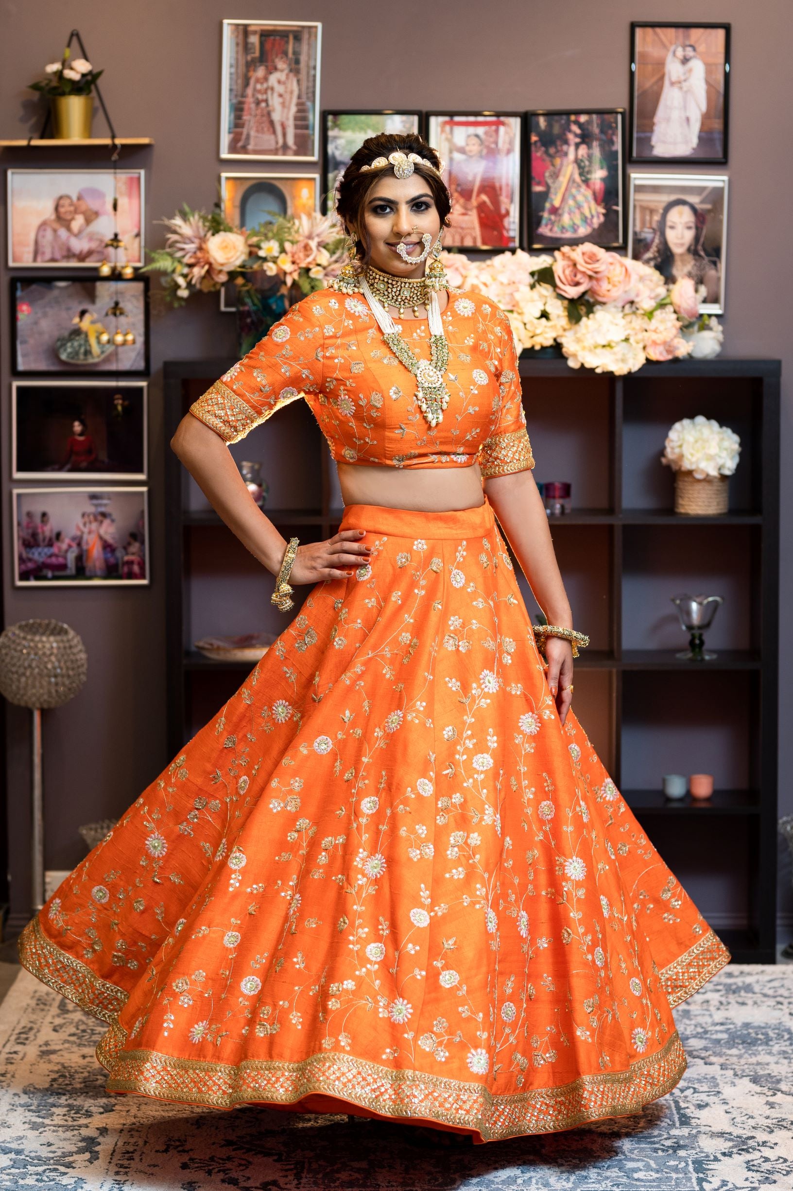 Orange Color Hand-Embroidered Wedding Lehenga