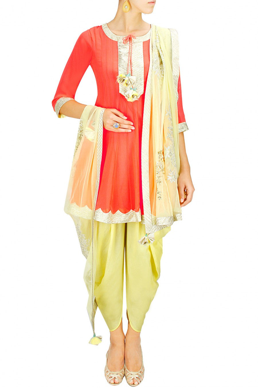 Orange and lemon dhoti kurta set