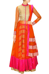 Pink and Orange anarkali lehenga set