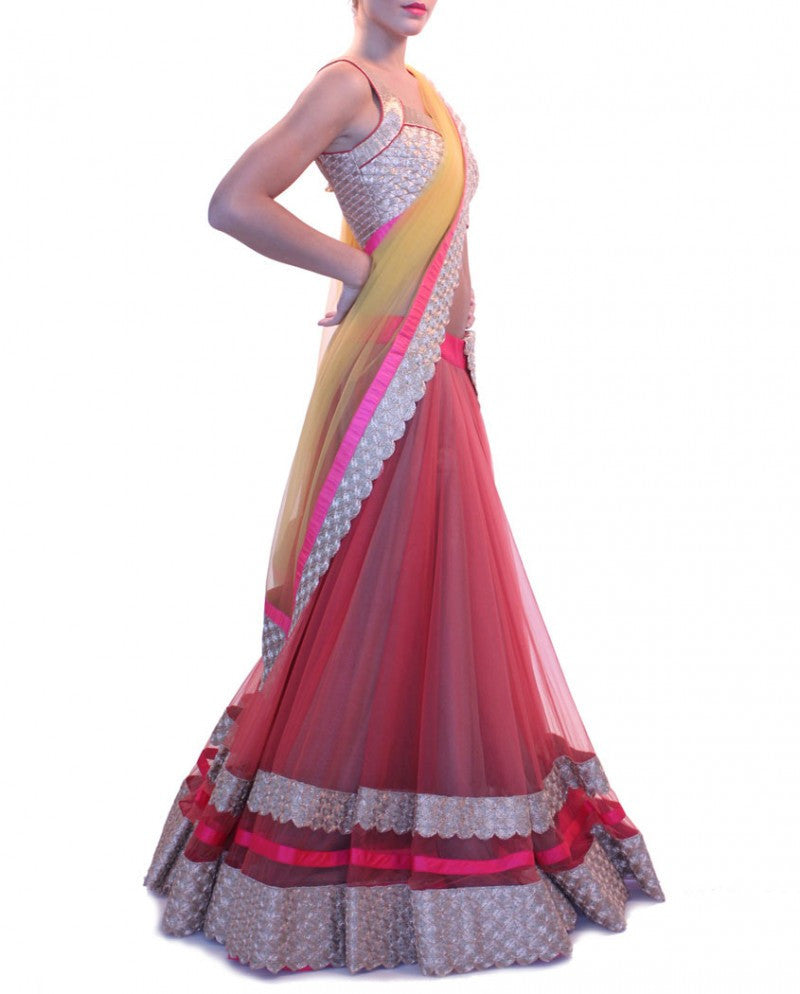 Red and yellow color party wear lehenga