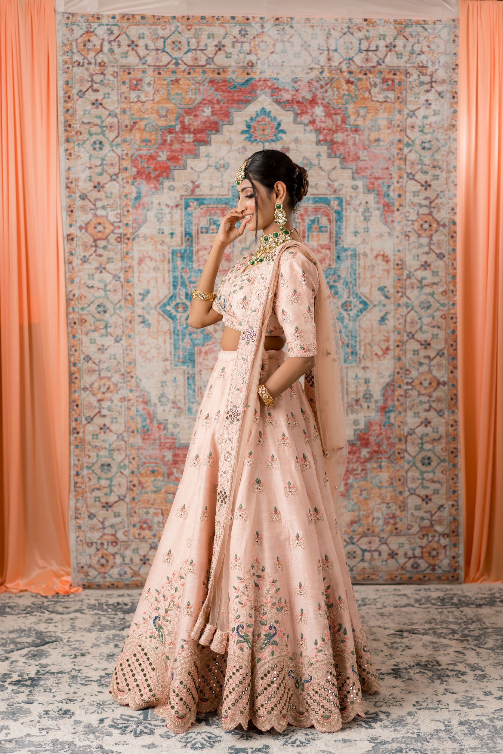 Pastel Pink Color Thread and Mirror Work Lehenga