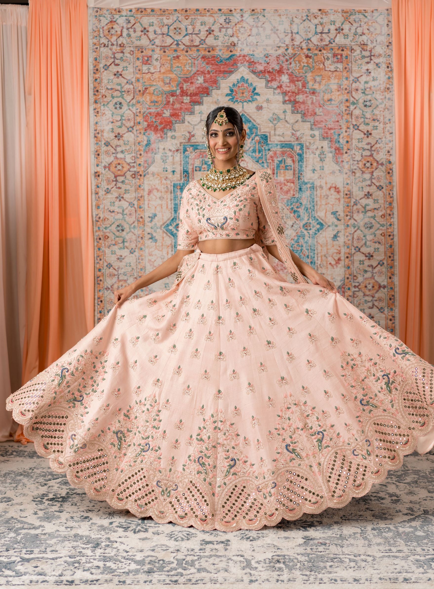 Pastel Pink Color Thread and Mirror Work Lehenga