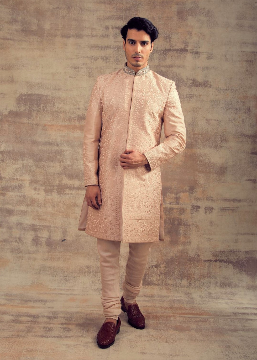 Peach Blush Color Thread Work Sherwani