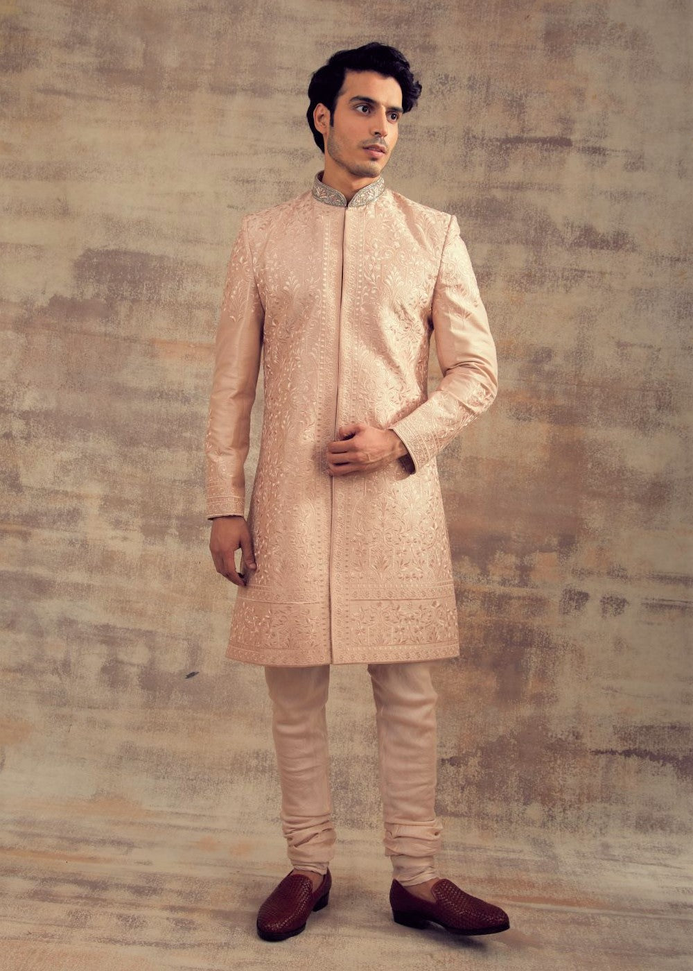 Peach Blush Color Thread Work Sherwani