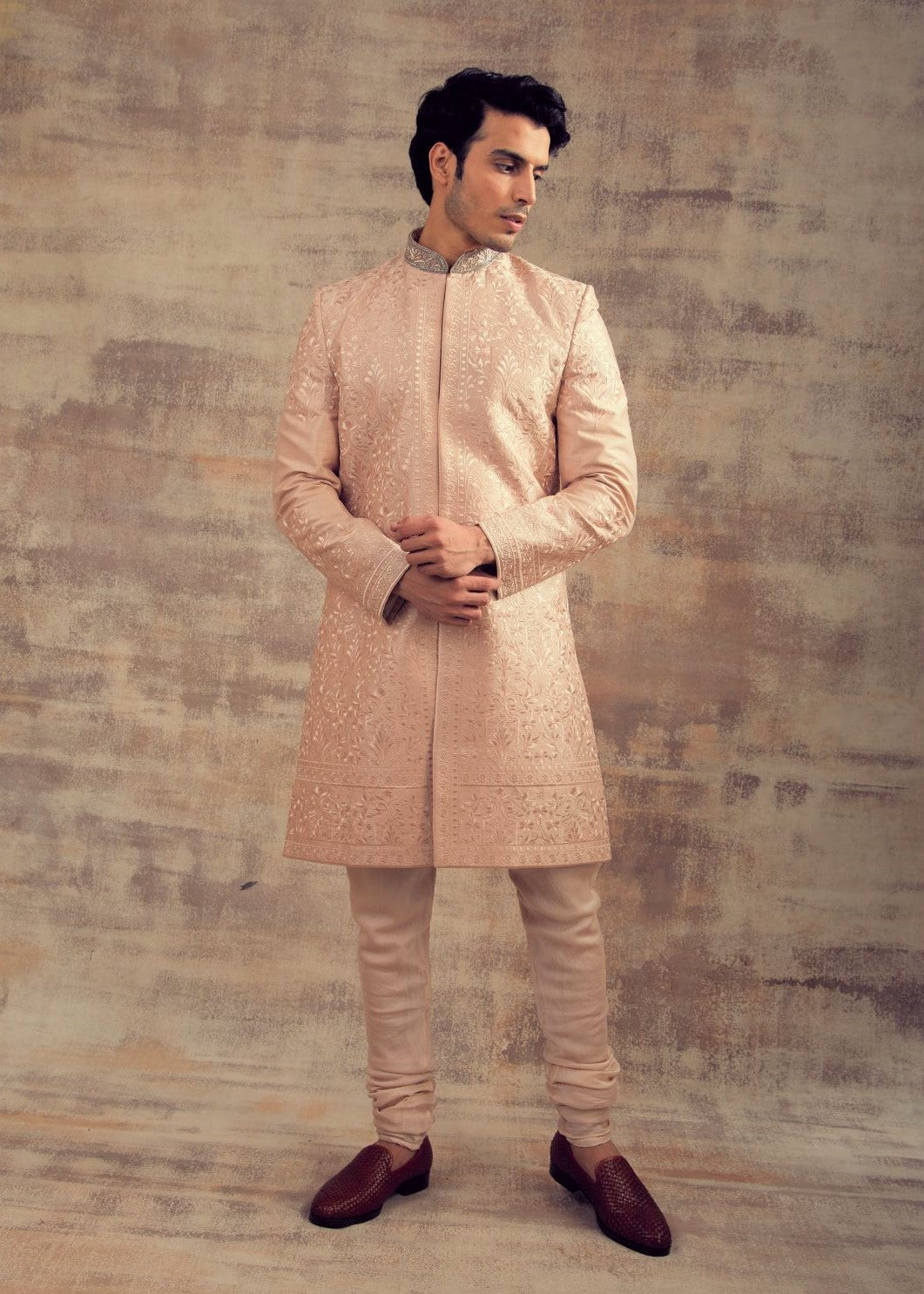 Peach Blush Color Thread Work Sherwani