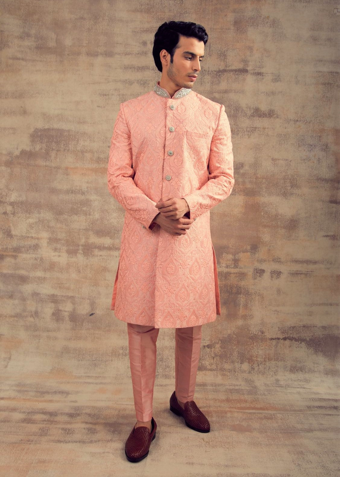 Peach Bud Color Thread Work Sherwani