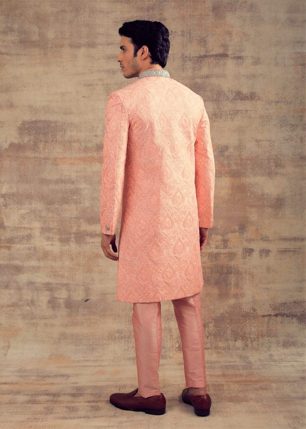 Peach Bud Color Thread Work Sherwani