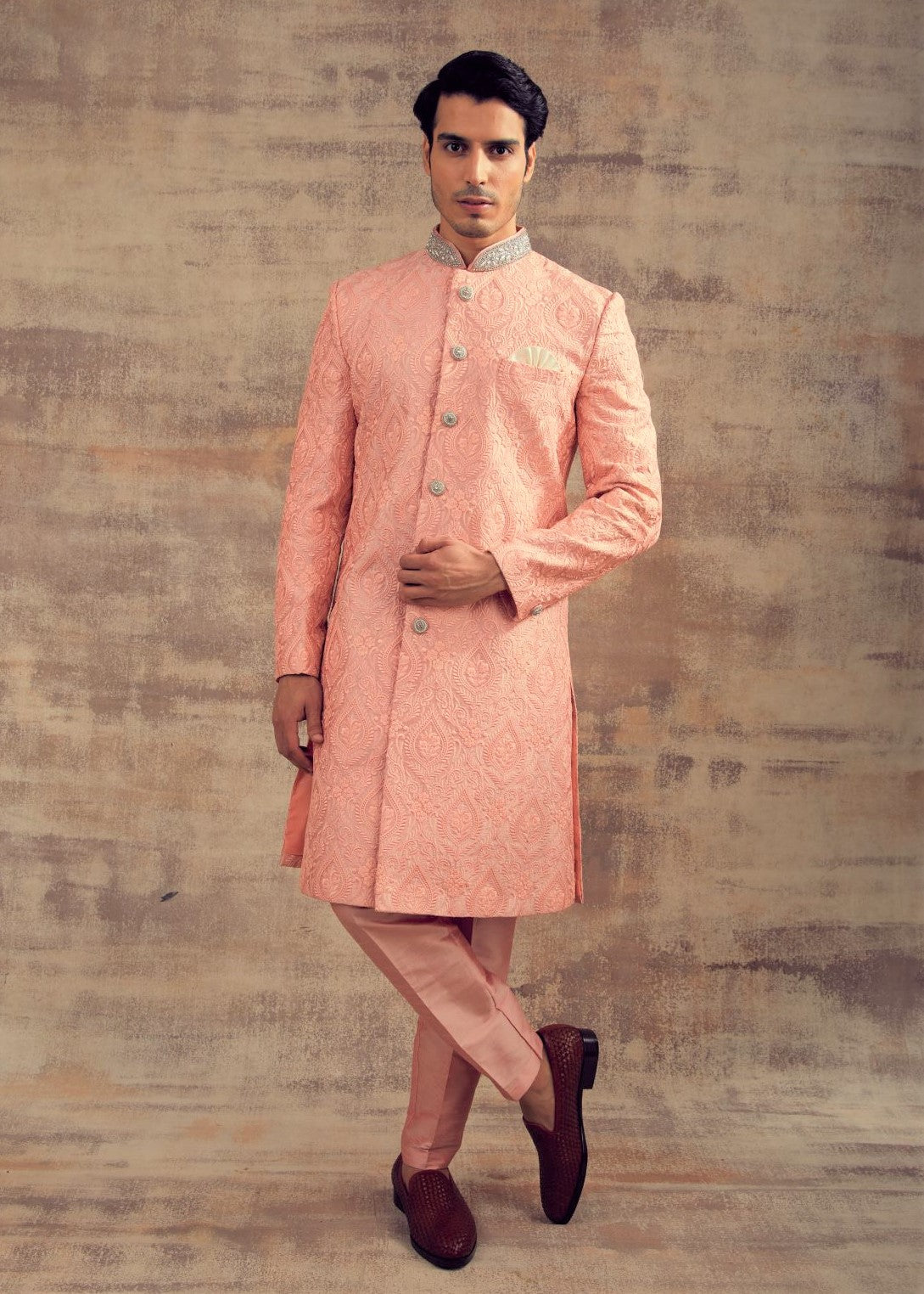 Peach Bud Color Thread Work Sherwani