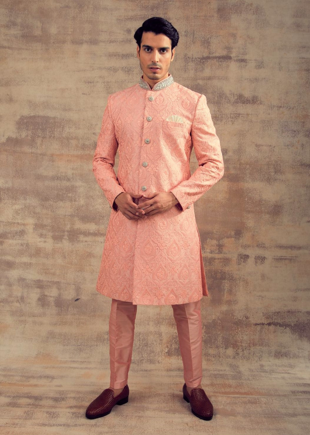 Peach Bud Color Thread Work Sherwani