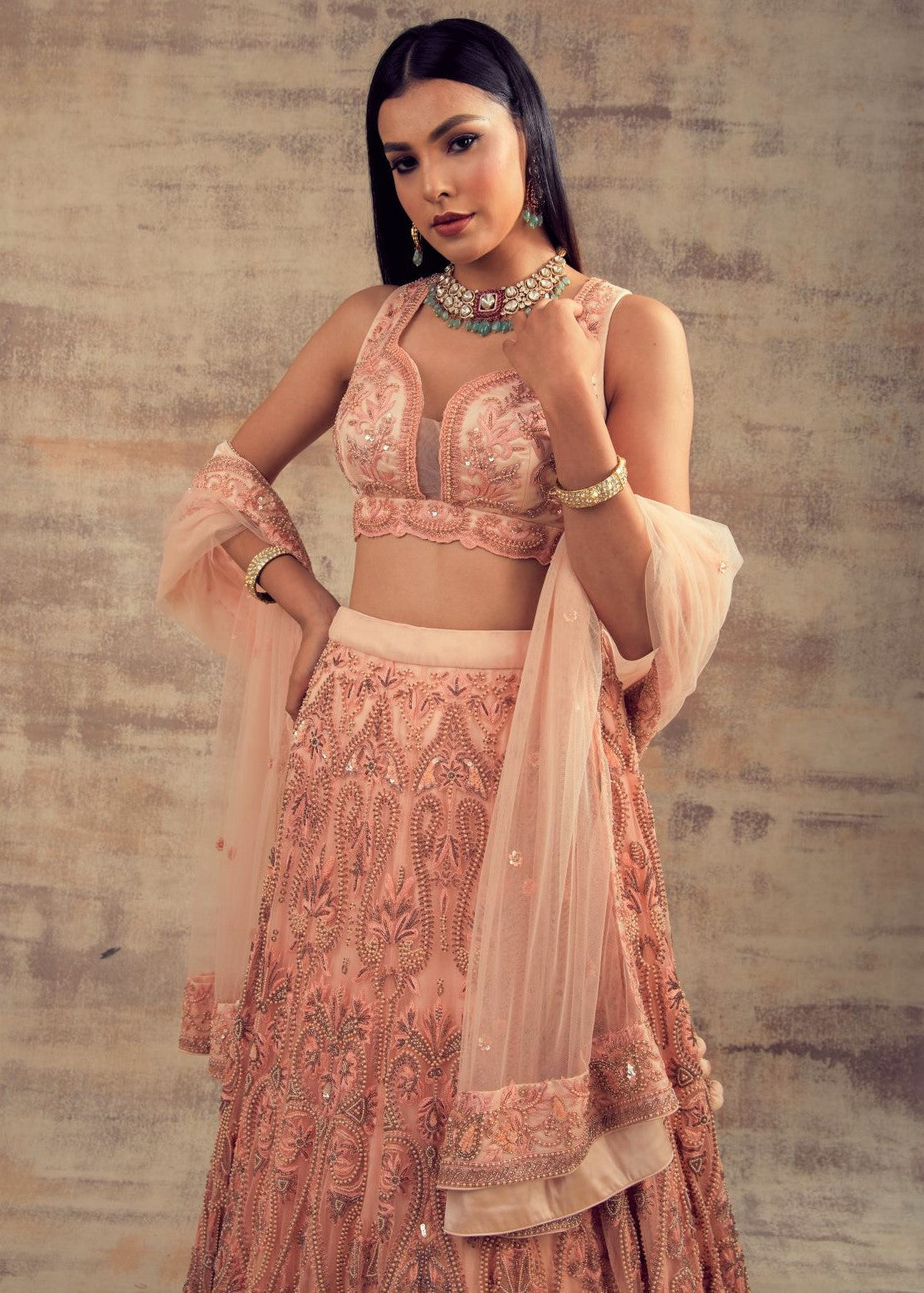 Peach Color Wedding Lehenga NEGAR