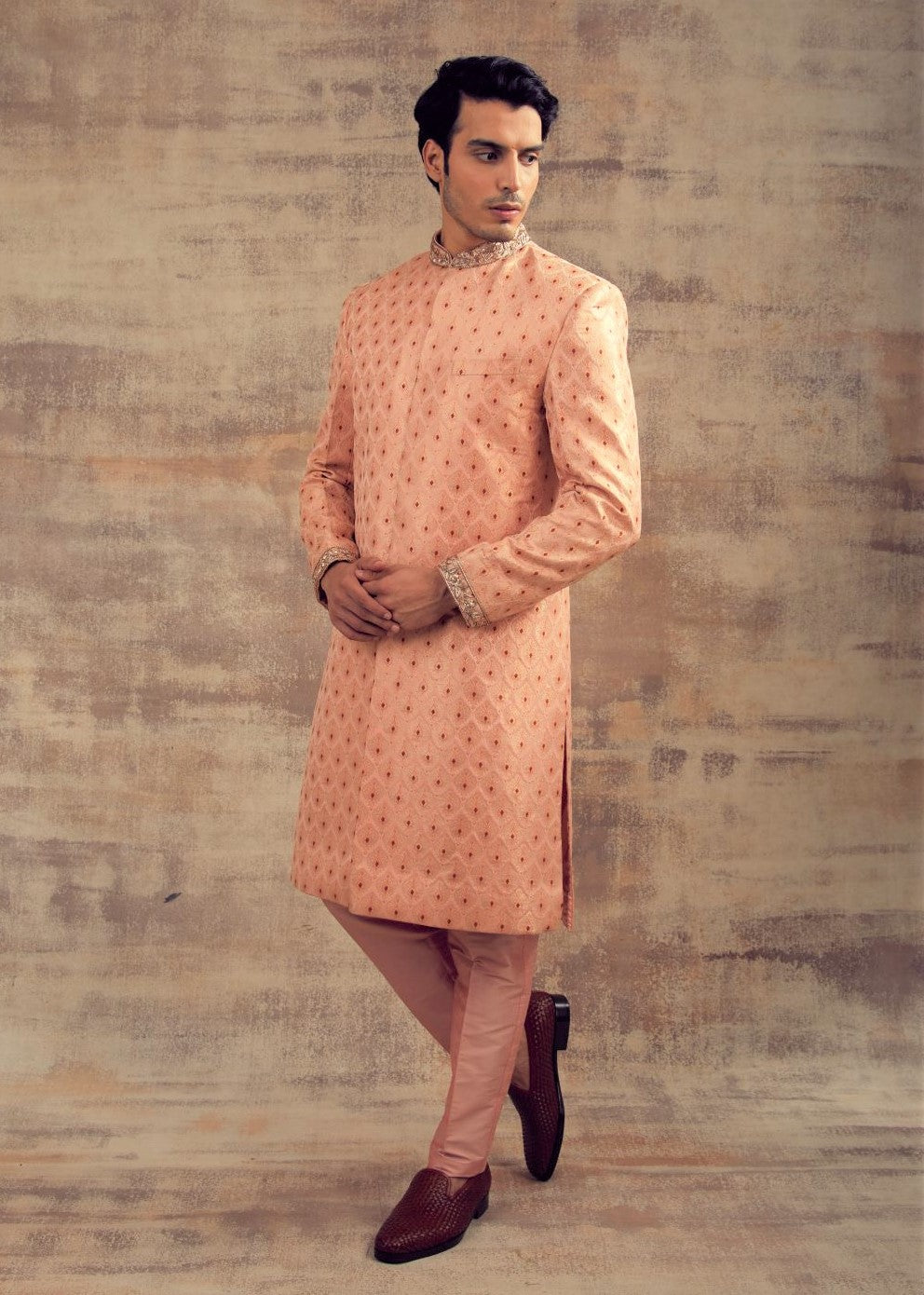 Peach Color Wedding Sherwani in Banarasi Silk