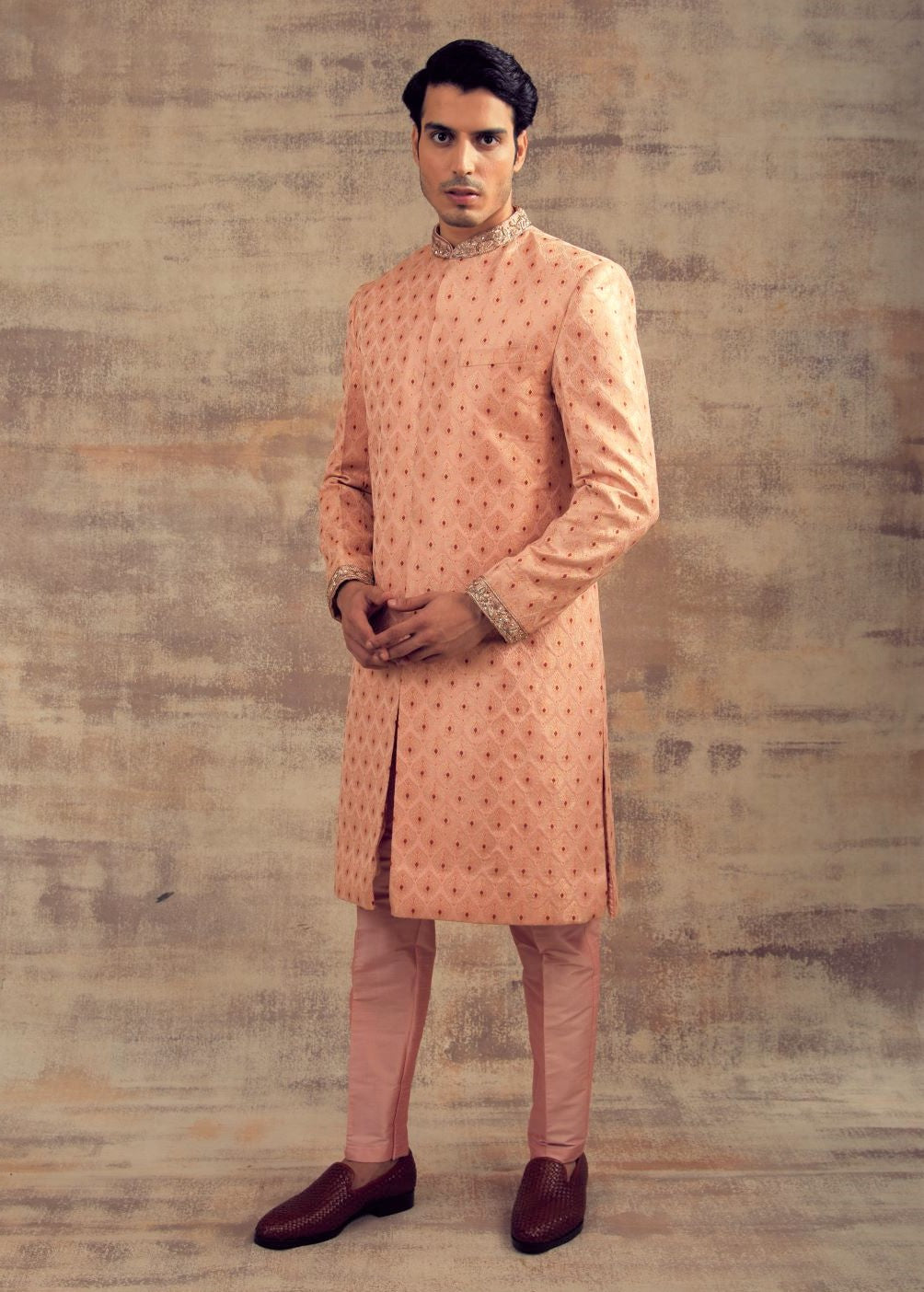 Peach Color Wedding Sherwani in Banarasi Silk