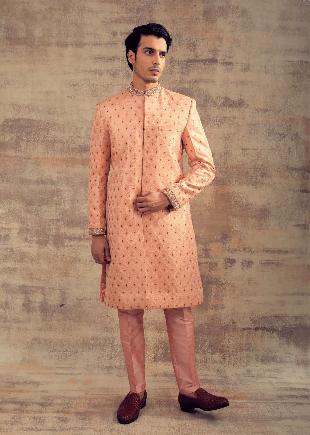 Peach Color Wedding Sherwani in Banarasi Silk