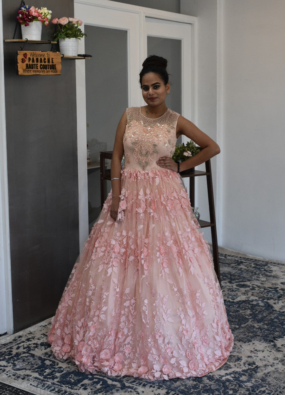 Peach Hues 3D Flower Gown by Panache Haute Couture