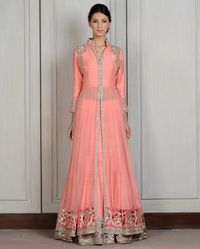 Peach color long anarkali jacket lehenga