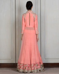 Peach color long anarkali jacket lehenga