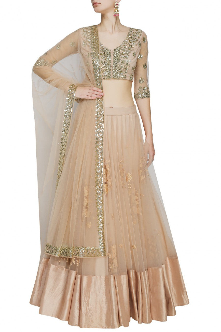 Peach lehenga with gold embroidery blouse