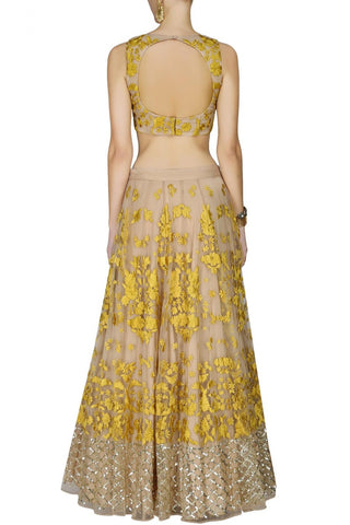 Peach lehenga choli with yellow embroidery