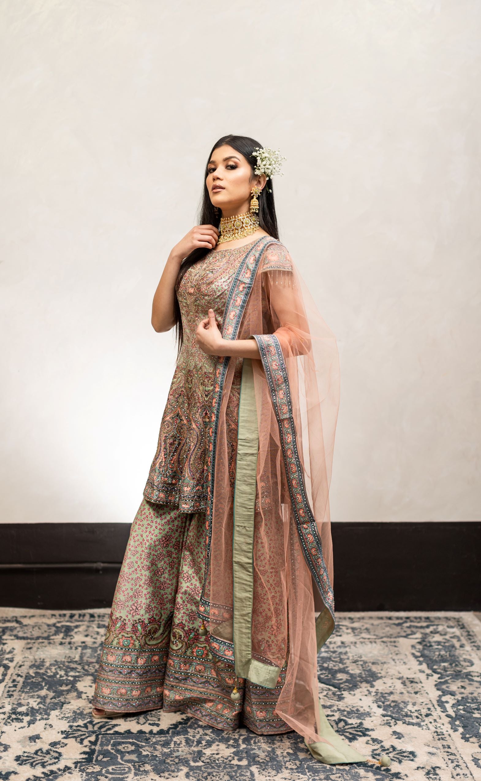 Peach and Green Color Swarovski Work Wedding Sharara