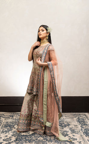 Peach and Green Color Swarovski Work Wedding Sharara