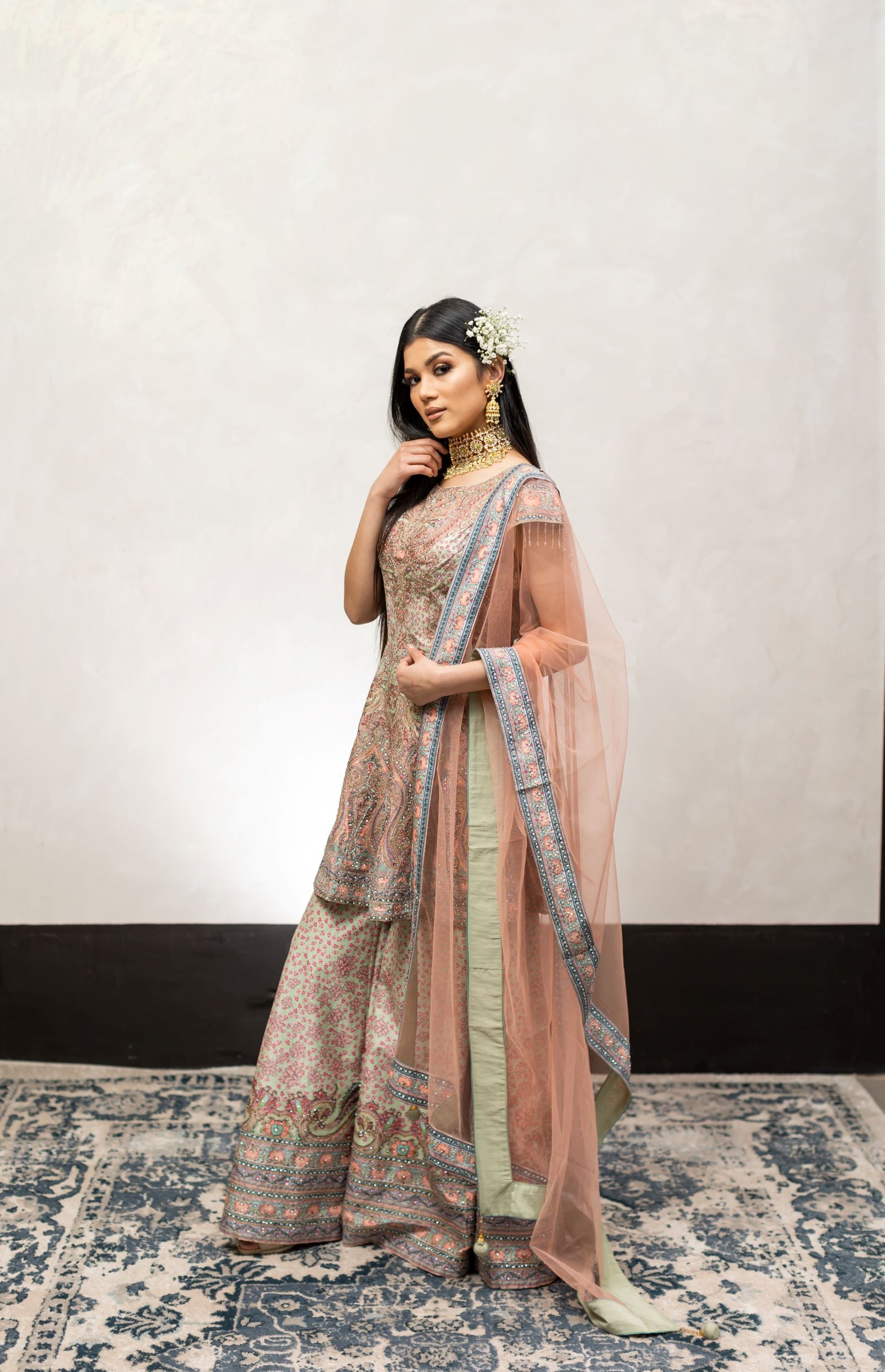 Peach and Green Color Swarovski Work Wedding Sharara