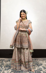 Peach and Green Color Swarovski Work Wedding Sharara