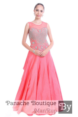 Pink Colour Layered Gown with Zardozi Embroidery