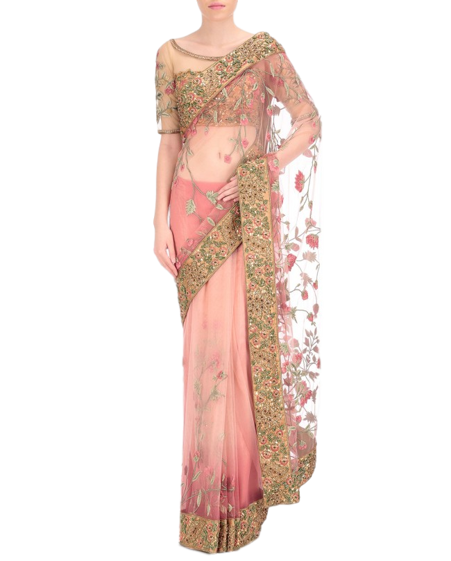 Peach color designer saree in thread embroidery