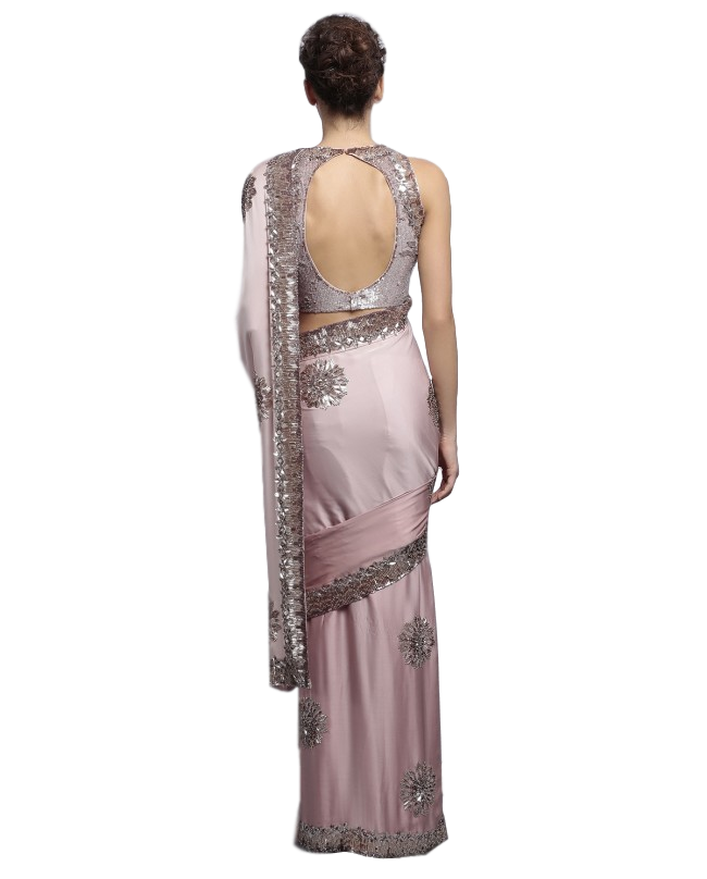 Pink designer saree in satin by Panache Haute Couture