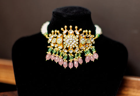 Pink and Sage Green Ahemdabadi Paachi Kundan Choker Necklace Daria