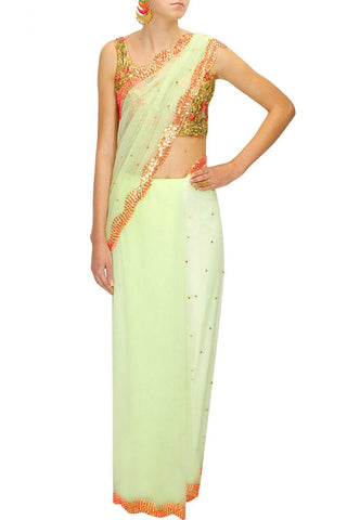 Green Sari with Embroidered Blouse