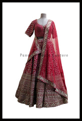 Pleasant Deep Red Color Bridal Raw Silk Lehenga