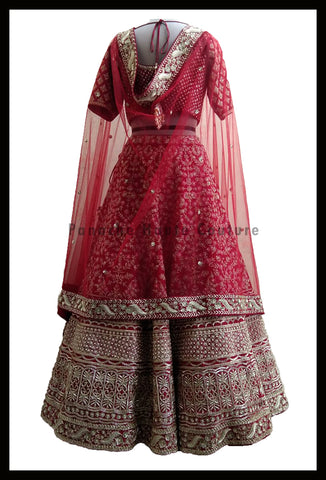 Pleasant Deep Red Color Bridal Raw Silk Lehenga