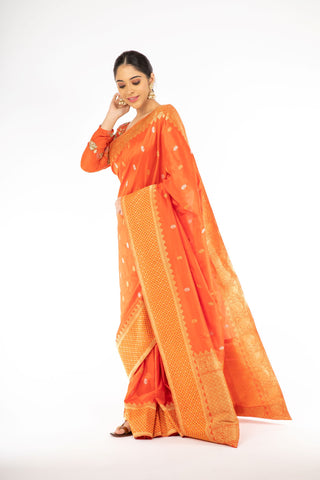Pleasant Orange Color Banarasi Handloom Saree