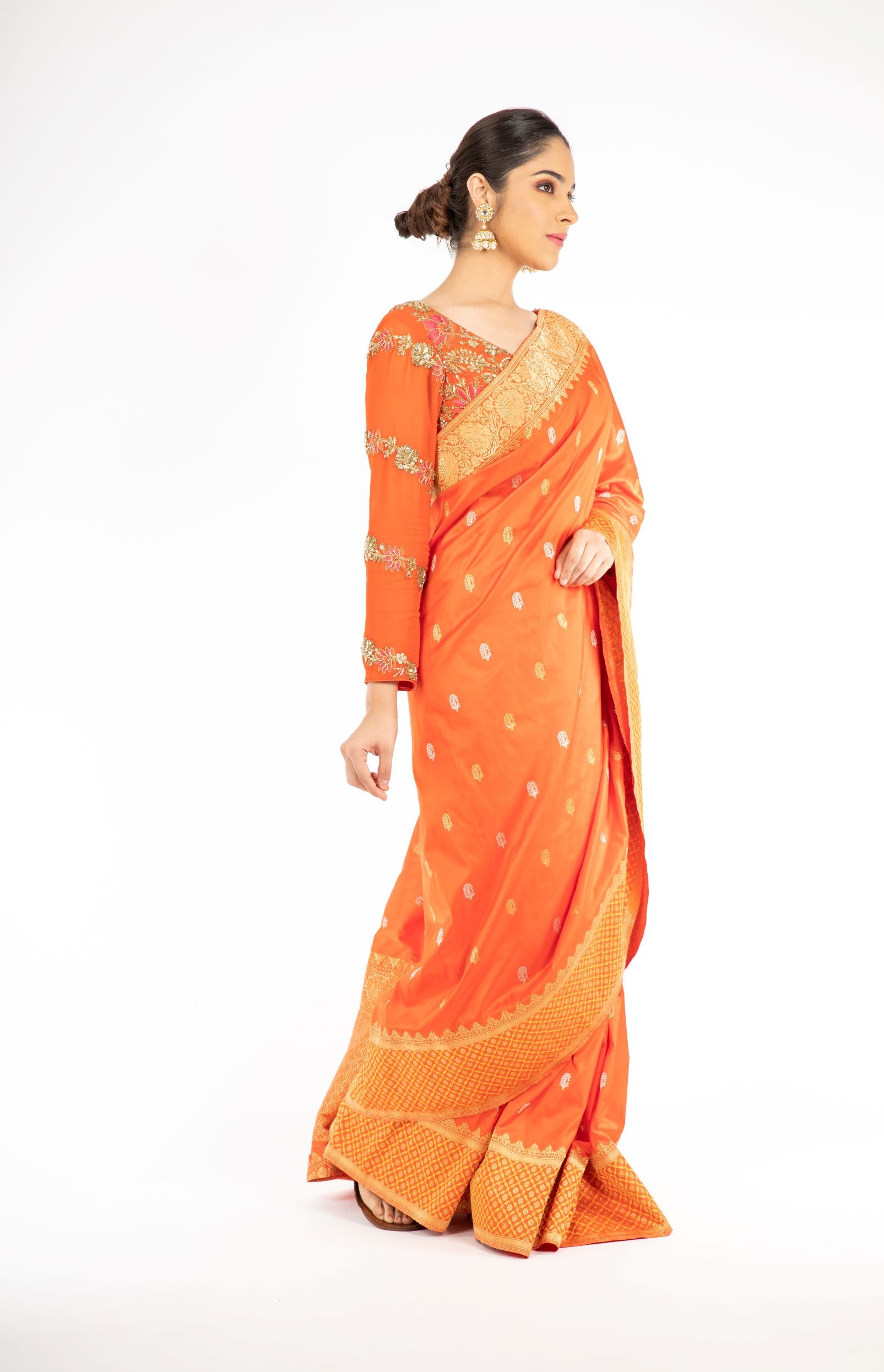 Pleasant Orange Color Banarasi Handloom Saree