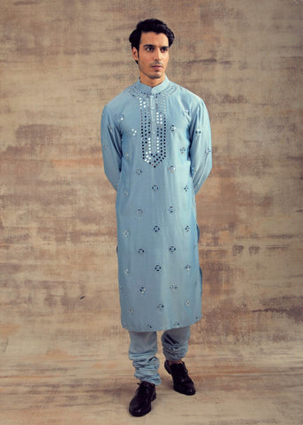 Powdered Blue Color Mirror Embroidery Kurta Set